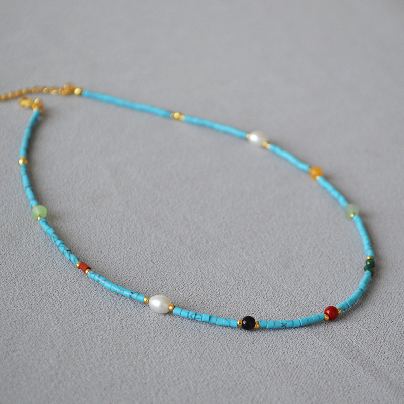 AMITA Blue Turquoise French Beaded Necklace – Wisdom Unveiled & Shielding Serenity