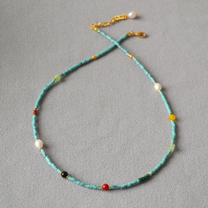 AMITA Blue Turquoise French Beaded Necklace – Wisdom Unveiled & Shielding Serenity