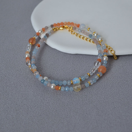 AMITA Halskette mit blauen und orangefarbenen Edelsteinperlen für Damen