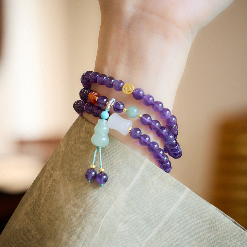 AMITA Amethyst Three-Circle Bracelet – Lucky Gourd & Coin Charms, Amplify intuition