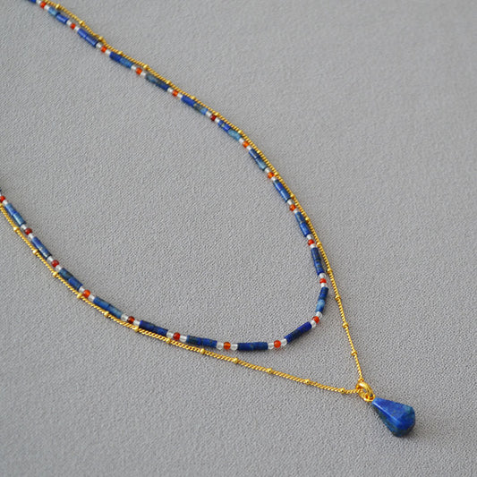 AMITA Lazurite Bead & Rhombus Pendant Double-Layered Necklace – Health Boost & Charisma Amplification
