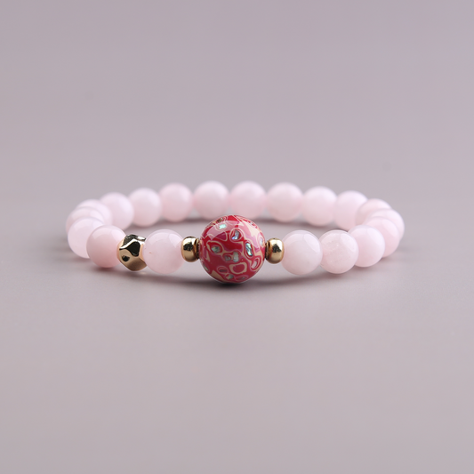 AMITA Rose Quartz & One-of-a-Kind Lacquer Bead Bracelet – Handcrafted Accessories for Love Enhancement & Luck-Bringing
